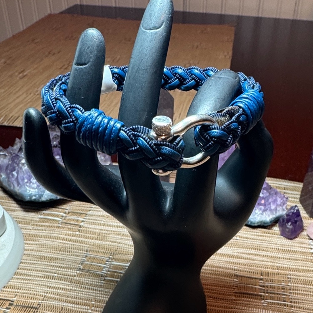 Blue Braided Shackle
Bracelet Leather Sterling Silver LeStage Evening Tide